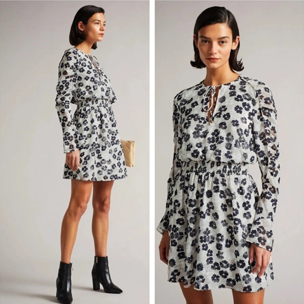 Ted Baker Felici Ruched Detail Mini Dress Floral Print Split V Neck Size 2 US 6